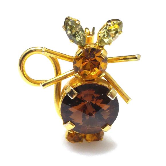 Vintage Austria Crystal Mouse Brooch, 1 Inch Figural Topaz & Citrine Rhinestones - Picture 5 of 10